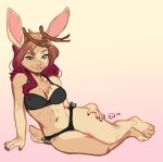  2020 5_fingers anthro antlers biped black_bra bra breasts brown_hair clothing facial_piercing female fingers green_eyes hair horn jackalope kaitycuddle lagomorph lip_piercing lip_ring looking_at_viewer mammal panties piercing simple_background sitting smile solo underwear 