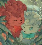  2019 alolan_vulpix ambiguous_gender bow_ribbon cheek_tuft duo eyes_closed facial_tuft feral flower leaf nintendo one_eye_closed open_mouth open_smile plant pok&eacute;mon pok&eacute;mon_(species) regional_form_(pok&eacute;mon) sherwind smile tuft video_games vulpix 