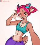  2020 5_fingers anthro biped blep bodily_fluids bottomwear breasts cervid clothed clothing female fingers hair hi_res horn katfishcom mammal navel one_eye_closed pants pink_hair purple_bottomwear purple_clothing purple_pants simple_background solo standing sweat sweatdrop tongue tongue_out ulya 