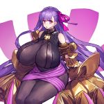  1girl breasts claw_(weapon) claws collar fate/extra fate/extra_ccc fate/grand_order fate_(series) gigantic_breasts hair_ribbon highres legs_together long_hair looking_at_viewer melon22 pantyhose passionlip pink_ribbon purple_hair ribbon sitting solo talons thighs weapon white_background 