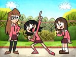  3girls :d artist_name azumanga_daioh bangs black_hair black_legwear bob_cut bolo_tie brown_footwear brown_hair cartoon cartoonized chain-link_fence clenched_hand cloud english_commentary excited fence foliage glasses grass hand_on_hip highres kasuga_ayumu loafers lolwutburger long_hair long_sleeves looking_at_another medium_hair mizuhara_koyomi multiple_girls open_mouth parody pink_legwear pink_shirt pleated_skirt pointing pointing_at_self pointing_up purple_neckwear purple_skirt raised_eyebrow school_uniform shirt shoes signature skirt sky smile socks style_parody takino_tomo thick_outlines thighhighs tree white_legwear 