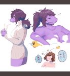  anthro bathing beverage blush breasts brown_eyes brown_hair claws clothed clothing convenient_censorship deltarune dialogue dinosaur eyes_closed fangs female female_focus freckles front_view hair hair_over_eyes hi_res hitting holding_beverage holding_cup holding_object japanese_text kris_(deltarune) letterbox male nipple_censor non-mammal_breasts ponytail potepotekosam purple_body purple_scales reptile rubber_duck scales scalie sharp_teeth side_view simple_background smile soap_bubbles solo_focus sound_effects speech_bubble steam susie_(deltarune) sweater tan_body tan_skin teeth text three-quarter_view throwing_object topwear turtleneck_sweater video_games 