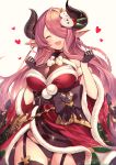  1girl bangs bare_shoulders belt black_gloves blush braid breasts draph dress gloves granblue_fantasy hair_over_one_eye heart homaderi horns large_breasts light_purple_hair long_hair low_tied_hair narmaya_(granblue_fantasy) open_mouth pointy_ears red_dress santa_costume single_braid smile thighs wide_sleeves 