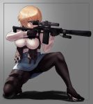  1girl angdo_(kakajo26) bangs black_footwear black_gloves black_legwear blonde_hair blue_eyes blue_skirt blush breasts commentary dress_shirt girls_frontline gloves grey_background gun hair_ornament hairclip hands_up high_heels highres holding holding_gun holding_weapon jacket large_breasts long_sleeves mole mole_under_eye one_knee panties panties_under_pantyhose pantyhose pouch rifle shirt shirt_tucked_in shoes short_hair skirt snowflake_hair_ornament solo thigh_strap thighband_pantyhose trigger_discipline underwear vsk-94_(girls_frontline) weapon white_shirt 