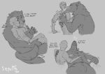  anthro belly_rub canid canine canis claws clothed clothing dialogue duo english_text eyes_closed hand_on_chest human larger_anthro larger_male male male/male mammal monochrome neck_lick neck_tuft on_lap pawpads romantic_sex sepulte shaking signature simple_background sitting_on_lap size_difference smaller_human tailwag text tongue tongue_out topless topless_male tuft were werecanid werecanine werewolf wolf 