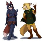  1:1 anthro black_nose blonde_hair breasts canid canine character_swap clothed clothing diana_(rebelsqurl) dipstick_tail domino_mask duo female fox foxenawolf gun hair mammal mask multicolored_tail ranged_weapon sandy_(rebelsqurl) weapon 