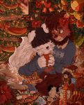  2018 anthro brown_body brown_fur canid canine canis christmas christmas_tree clothed clothing detailed_background domestic_dog duo female fully_clothed fur gift hi_res holding_gift holding_object holidays inside male mammal one_eye_closed open_mouth open_smile plushie sherwind smile tree ursid white_body white_fur 