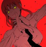  1girl bangs black_neckwear braid braided_ponytail breasts business_suit chainsaw_man collared_shirt expressionless formal glowing glowing_eyes hand_gesture highres long_hair makima_(chainsaw_man) medium_breasts necktie red_background ringed_eyes serious sf_going_on shirt solo suit 