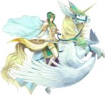  1girl 369akuru amiti armor blue_cape brown_eyes cape dress elincia_ridell_crimea fingerless_gloves fire_emblem fire_emblem:_radiant_dawn gloves green_hair hair_bun holding holding_sword holding_weapon pegasus pegasus_knight simple_background sword tiara weapon white_dress wings 