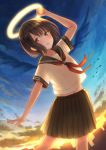  1girl arm_up bangs black_skirt blush bob_cut breasts brown_eyes brown_hair cityscape cloud cloudy_sky commentary cowboy_shot dusk dutch_angle fisheye halo highres holding holding_halo looking_at_viewer midriff navel neckerchief original outstretched_arm parted_lips pleated_skirt red_neckwear school_uniform see-through_silhouette serafuku shirt short_hair short_sleeves skirt sky small_breasts solo star_(sky) starry_sky tanbonota46 white_shirt 