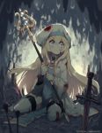  1girl artist_name bangs blonde_hair blood bloody_clothes blue_eyes blush boots cave crying goblin_slayer! hat highres holding holding_staff injury long_hair long_sleeves looking_to_the_side parororo planted_arrow planted_sword planted_weapon priestess_(goblin_slayer!) sitting skull solo staff sword tears thigh_boots thighhighs torn_clothes wariza watermark weapon web_address white_headwear white_legwear wide_sleeves 