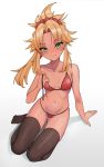  1girl absurdres bangs bare_shoulders bikini blush breasts closed_mouth collarbone fate/grand_order fate_(series) green_eyes hair_ornament hair_scrunchie highres kiritzuguart long_hair looking_at_viewer mordred_(fate)_(all) mordred_(swimsuit_rider)_(fate) navel parted_bangs ponytail red_bikini red_scrunchie scrunchie simple_background small_breasts smile swimsuit thighhighs thighs white_background 