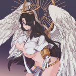  1girl absurdres angel angel_wings areolae azazel_(last_origin) between_breasts black_hair bottomless breast_curtains breasts covered_nipples feathered_wings gloves gold gradient gradient_background hair_over_one_eye halo highres large_breasts last_origin long_hair looking_at_viewer navel no_panties purple_eyes revealing_clothes shrug_(clothing) solo uuunicorn23 very_long_hair white_gloves white_wings wings 