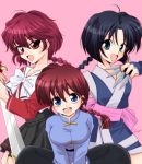  3girls black_hair blue_eyes braid character_request crossover green_eyes holding holding_knife knife kunai looking_at_viewer magic_knight_rayearth multiple_crossover multiple_girls ninja open_mouth pink_background red_eyes red_hair shidou_hikaru trait_connection uehara_doh weapon 