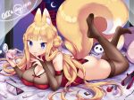  1girl animal_ear_fluff animal_ears ass bangs blonde_hair blue_eyes blush braid breasts bridal_gauntlets brown_legwear china_dress chinese_clothes cleavage cleavage_cutout commentary_request crescent_moon double_bun dress fox_ears fox_girl fox_tail full_body indoors large_breasts lips long_hair looking_at_viewer lying makeup miyano_ururu moon night no_shoes on_stomach original short_eyebrows smile solo tail thighhighs very_long_hair 