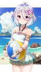  1girl antenna_hair armlet ass_visible_through_thighs ball bare_shoulders beachball blue_sky blush bracelet breasts casual_one-piece_swimsuit closed_mouth cloud collarbone commentary_request covered_navel cowboy_shot cowengium crab day elf flower hair_between_eyes hair_flower hair_ornament highres holding holding_ball jewelry kokkoro_(princess_connect!) ocean one-piece_swimsuit outdoors pointy_ears princess_connect! princess_connect!_re:dive purple_eyes purple_flower rock short_hair silver_hair sky small_breasts smile solo swimsuit swimsuit_skirt transparent water white_flower white_swimsuit 
