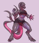 anthro bandage black_body breasts claws clothed clothing fangs female fivel lizard multicolored_body muscular muscular_anthro muscular_female nintendo non-mammal_breasts partially_clothed pink_body pok&eacute;mon pok&eacute;mon_(species) purple_body reptile salazzle scalie simple_background smile solo video_games 