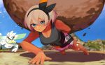  1girl bea_(pokemon) blue_sky blurry blurry_background breasts cleavage dark_skin exercise gen_8_pokemon highres katwo photo_background pokemon pokemon_(creature) pokemon_(game) pokemon_swsh push-ups rock silver_hair sirfetch&#039;d sky tank_top 