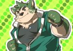  2020 anthro belly black_nose canid canine canis clothing cute_fangs domestic_dog ellie_saionji fur green_body green_fur kemono live-a-hero male mammal mokdai overweight overweight_anthro overweight_male shirt solo topwear video_games 