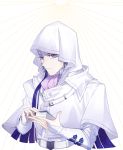  1boy bangs bridal_gauntlets cape capelet card earrings hair_between_eyes highres holding holding_card hood hood_up hooded_capelet jewelry long_sleeves male_focus maru-ji purple_eyes saiou_takuma silver_hair solo white_background white_cape yuu-gi-ou yuu-gi-ou_gx 