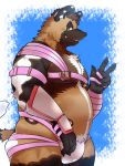  3:4 absurd_res african_wild_dog anthro armor barazoku black_nose blush bottomwear brown_body brown_eyes brown_fur bulge butt canid canine clothed clothing cosplay darius_davis digital_media_(artwork) frohawk fur hair hi_res jockstrap leather looking_at_viewer male mammal multicolored_body multicolored_fur musclegut muscular muscular_anthro muscular_male nipple_piercing nipples open_mouth overweight overweight_anthro overweight_male piercing pubes shy simple_background smile solo tight_clothing umyuta unconvincing_armor underwear 