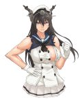  1girl black_hair breasts cosplay dress gloves hat headgear highres jervis_(kantai_collection) jervis_(kantai_collection)_(cosplay) kantai_collection large_breasts long_hair nagato_(kantai_collection) red_eyes sailor_dress sailor_hat solo sozan torn_clothes upper_body white_background white_gloves 