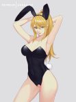  1girl absurdres animal_ears aqua_eyes armpits arms_behind_head arms_up artist_name bangs bare_arms black_leotard blonde_hair breasts bunny_ears bunny_tail bunnysuit covered_navel cowboy_shot crotchless crotchless_leotard dakkalot fake_animal_ears fake_tail grey_background hair_between_eyes highres leotard lips long_ponytail medium_breasts metroid mole mole_under_mouth parted_lips pussy samus_aran sidelocks simple_background smile strapless strapless_leotard tail uncensored 