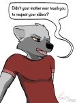  2020 3:4 anthro athletic brown_eyes canid canine canis clothed clothing dialogue duo english_text fur grey_body grey_fur hi_res male mammal multicolored_body open_mouth scuty_(artist) slim solo text tuft two_tone_body wolf 