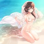  1girl ahoge alternate_costume bikini blue_eyes blush braid brown_hair hair_flaps hair_ornament highres kantai_collection naoto_(tulip) navel ocean shigure_(kantai_collection) single_braid smile solo swimsuit water white_bikini 