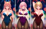  3girls absurdres ahoge animal_ear_fluff animal_ears arm_behind_head arm_up armpits bangs bare_shoulders black_leotard blonde_hair blush bow bowtie braid breasts brown_legwear cleavage collarbone covered_navel detached_collar eyebrows_visible_through_hair fake_animal_ears fate/extra fate/grand_order fate_(series) fishnet_legwear fishnets fox_ears fox_girl fox_tail french_braid green_eyes hair_between_eyes hair_bun hair_intakes hair_over_one_eye highleg highleg_leotard highres large_breasts leotard light_purple_hair long_hair looking_at_viewer mash_kyrielight multiple_girls nero_claudius_(fate) nero_claudius_(fate/extra) pink_hair playboy_bunny purple_eyes purple_leotard rabbit_ears red_leotard sabi_(rupf2384) short_hair smile strapless strapless_leotard tail tamamo_(fate) tamamo_no_mae_(fate/extra) thighs tongue very_long_hair wrist_cuffs yellow_eyes 