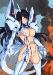  1girl bakuzan black_hair blue_eyes boots breasts closed_mouth holding holding_sword holding_weapon junketsu kamui_(kill_la_kill) katana kill_la_kill kiryuuin_satsuki long_hair medium_breasts navel optionaltypo revealing_clothes shiny shiny_hair shiny_skin solo standing stomach sword thigh_boots thighhighs thighs weapon white_legwear 