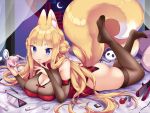  1girl animal_ear_fluff animal_ears ass bangs blonde_hair blue_eyes blush braid breasts bridal_gauntlets brown_legwear china_dress chinese_clothes cleavage cleavage_cutout crescent_moon double_bun dress fox_ears fox_girl fox_tail full_body indoors large_breasts lips long_hair looking_at_viewer lying makeup miyano_ururu moon night no_shoes on_stomach original short_eyebrows smile solo tail thighhighs very_long_hair 