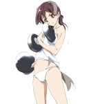  1girl animal_ears brown_eyes brown_hair dog_ears dog_tail dumbbell gertrud_barkhorn midriff panties ponytail smile strike_witches sweat tail tank_top umanosuke underwear weightlifting weights world_witches_series 