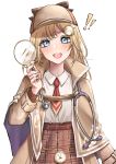  !! 1girl :d blonde_hair blue_eyes blush brown_headwear brown_jacket capelet collared_shirt cosplay cowboy_shot detective expulse facial_hair hair_ornament hat holding holding_magnifying_glass hololive hololive_english jacket long_hair long_sleeves looking_at_viewer magnifying_glass mustache necktie open_mouth plaid plaid_headwear plaid_skirt pleated_skirt pocket_watch red_neckwear sherlock_holmes sherlock_holmes_(cosplay) shirt simple_background skirt smile solo stethoscope watch watson_amelia white_background 