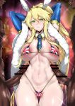  1girl 2boys absurdres animal_ears areola_slip areolae armpits arms_behind_head artoria_pendragon_(all) artoria_pendragon_(swimsuit_ruler)_(fate) bar_censor bikini blonde_hair blue_gloves breasts bunny_ears censored clothed_female_nude_male dark_skin dark_skinned_male detached_collar elbow_gloves erection fate/grand_order fate_(series) feather_boa gggg gloves grin highres long_hair looking_at_viewer micro_bikini multiple_boys navel necktie nude partially_visible_vulva penis ponytail smile swimsuit union_jack_bikini 