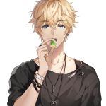  1boy black_shirt blonde_hair blue_eyes candy earrings eyebrows_visible_through_hair food hair_between_eyes jewelry love_and_producer male_focus musu0626 necklace ring shirt simple_background solo torn_clothes torn_shirt upper_body watch white_background wristwatch zhou_quiluo 