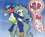  &lt;3 ahegao animal_crossing anthro avian beak bird blue_body blue_feathers bodily_fluids canid canine canis cum cum_in_pussy cum_in_uterus cum_inside english_text erect_nipple_bulge erect_nipples feathers female from_behind_position fur genital_fluids grey_body grey_fur gynomorph harriet_(harry_amoros) harry_amor&oacute;s holding_wrist internal intersex intersex/female looking_pleasured mammal nintendo nipples oscine passerine penetration red_body red_feathers robin robin_(animal_crossing) sex solo sweat text tongue tongue_out uterus vaginal vaginal_penetration video_games white_body white_feathers wolf 