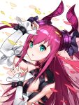 1girl absurdres bangs blue_eyes curled_horns detached_sleeves elizabeth_bathory_(fate) elizabeth_bathory_(fate)_(all) erdongjinming fate/extra fate/extra_ccc fate/grand_order fate_(series) highres horns long_hair looking_away pink_hair pointy_ears smile solo two_side_up upper_body 