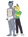  3:4 anthro anthrofied bottomwear briefs bulge clothed clothing duo eeveelution eye_contact footwear full-length_portrait fully_clothed fuze hand_on_shoulder hi_res jolteon looking_at_another looking_back male male/male navel nervous nintendo pants pok&eacute;mon pok&eacute;mon_(species) portrait rhydon shirt shoes simple_background smile smirk t-shirt tighty_whities topless topwear underwear underwear_only video_games white_background white_clothing white_underwear 