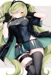  1girl asymmetrical_legwear bangs black_gloves black_jacket black_legwear black_leotard blush breasts character_name cleavage closed_mouth girls_frontline gloves green_hair hair_over_one_eye headphones highres jacket kairi630 large_breasts leotard long_hair magal_(girls_frontline) microskirt pouch see-through simple_background skirt solo star_(symbol) thigh_strap thighhighs twintails two-tone_background yellow_eyes 
