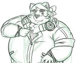  2020 anthro blush canid canine canis clothed clothing cute_fangs domestic_dog kemono live-a-hero male mammal mokdai overweight overweight_anthro overweight_male simple_background solo tdph2dubnoxxthu video_games white_background 