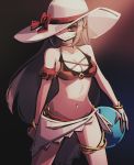 1girl allen_(makaroll) alternate_costume arm_at_side ball bare_arms bare_shoulders beachball bikini bracelet breasts brown_hair choker cleavage closed_mouth collarbone commentary_request cowboy_shot dark_background gradient gradient_background halterneck hat hat_ribbon holding holding_ball jewelry legs_apart long_hair looking_at_viewer medium_breasts midriff navel no_pupils o-ring o-ring_bikini one_eye_covered phantom_rose red_bikini red_eyes red_ribbon reina_(phantom_rose) ribbon sarong shade sidelocks smile solo standing sun_hat swimsuit thighlet transparent very_long_hair white_headwear white_sarong yellow_choker 