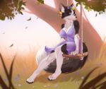  anthro avocado_seed big_breasts breasts canid canine canis clothing dipstick_tail dress female flower flower_crown mammal multicolored_tail nature plant solo swing tree wolf 
