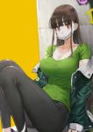  1girl black_pants bra bra_strap breasts brown_hair cleavage closed_mouth collarbone commentary ear_piercing frown full_body graffiti green_jacket green_shirt highres jacket jun_(seojh1029) large_breasts lips long_hair looking_at_viewer mask mouth_mask off_shoulder open_clothes open_jacket original pants piercing red_eyes shirt short_sleeves simple_background sitting solo straight_hair surgical_mask underwear white_bra yellow_background 