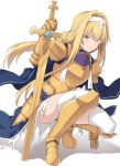  1girl alice_schuberg armor armored_boots bangs blonde_hair blue_eyes boots dress gauntlets gold_armor hairband holding long_hair looking_at_viewer planted_sword planted_weapon shiseki_hirame solo squatting sword sword_art_online thighhighs weapon white_hairband white_legwear 