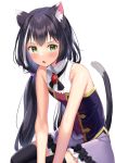  1girl animal_ear_fluff animal_ears bangs bare_arms bare_shoulders black_hair black_legwear breasts cat_ears cat_girl cat_tail eyebrows_visible_through_hair frilled_skirt frills green_eyes highres k_mugura karyl_(princess_connect!) long_hair looking_at_viewer low_twintails multicolored_hair no_detached_sleeves princess_connect! princess_connect!_re:dive purple_skirt shirt simple_background sitting skirt sleeveless sleeveless_shirt small_breasts solo streaked_hair tail tail_raised thighhighs twintails very_long_hair white_background white_hair white_shirt 