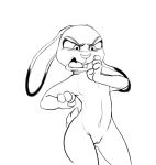  2020 anthro buckteeth dipstick_ears disgust disney female flat_chested genitals judy_hopps lagomorph leporid mammal monochrome multicolored_ears navel open_mouth portrait pussy rabbit simple_background solo spoof_(artist) standing teeth three-quarter_portrait tongue white_background zootopia 