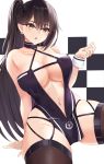  1girl :o absurdres arm_support azur_lane bangs bare_shoulders black_choker black_legwear blush breasts brown_eyes brown_hair center_opening checkered checkered_background choker cleavage collarbone commentary_request cowboy_shot criss-cross_halter earrings eyebrows_behind_hair eyeliner groin hair_between_eyes halterneck hand_up high_ponytail highres jewelry large_breasts long_hair looking_at_viewer makeup navel pelvic_curtain race_queen single_sidelock sitting skindentation solo stud_earrings thighhighs underboob very_long_hair white_background wrist_cuffs yuuki_atori zuikaku_(azur_lane) zuikaku_(the_wind&#039;s_true_name)_(azur_lane) 