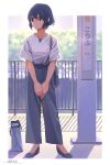  1girl bag belt blue_hair commentary handbag hands_together high-waist_pants highres horikou outdoors purple_eyes shima_saki short_hair solo train_station train_station_platform yurucamp 