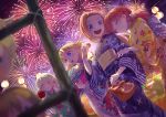  4girls :d alternate_costume alternate_hairstyle arm_hug bag bangs blonde_hair blue_eyes blue_kimono blurry blurry_foreground brown_hair candy_apple closed_eyes closed_mouth commentary_request depth_of_field dog_man_cat earrings eating fan festival fireworks floral_print flower food green_kimono hair_flower hair_ornament hair_up half_updo hand_in_hair hand_on_own_face holding holding_bag holding_fan holding_food japanese_clothes jewelry katarina_claes kimono lantern long_hair long_sleeves looking_at_another maria_campbell mary_hunt medium_hair multiple_girls night obi open_mouth orange_hair otome_game_no_hametsu_flag_shika_nai_akuyaku_reijou_ni_tensei_shite_shimatta outdoors paper_fan paper_lantern parted_bangs partial_commentary print_kimono sash short_hair silver_hair smile sophia_ascart stall standing swept_bangs white_kimono wide_sleeves yellow_kimono yukata 